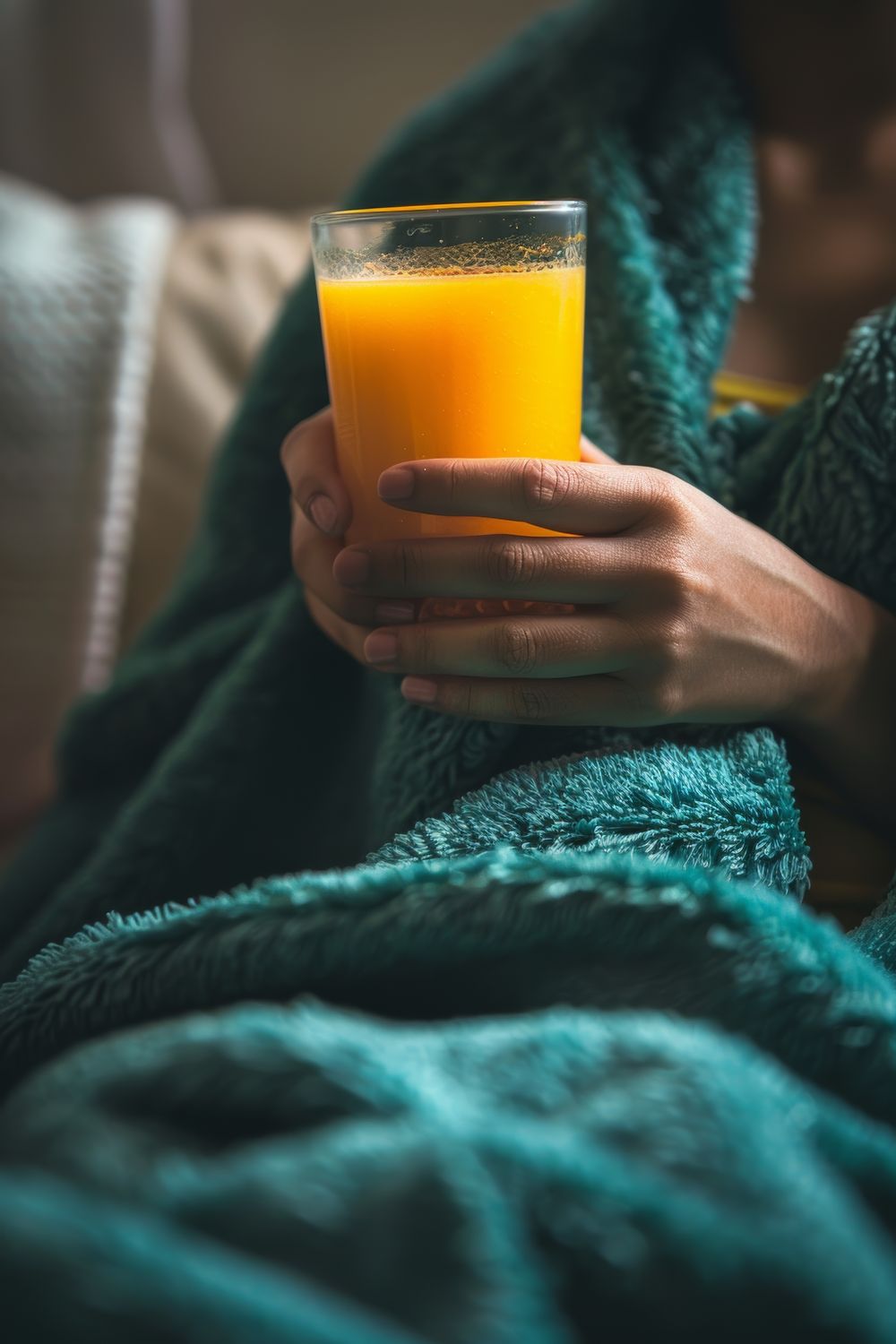 Person holding glass of orange juice under blanket.
